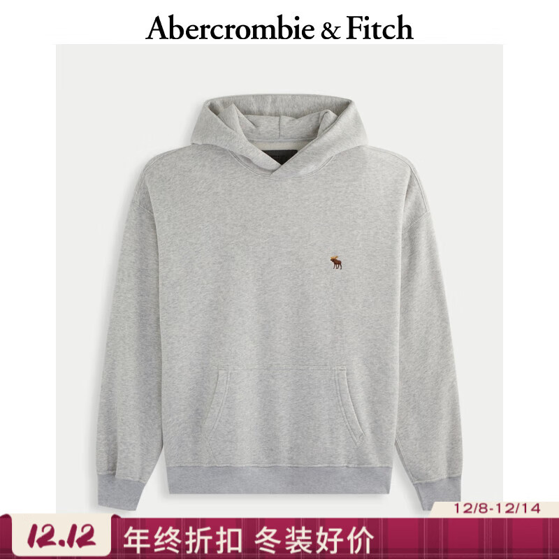 Abercrombie &amp; Fitch小麋鹿图案美式复古保暖抓绒套头连帽卫衣25秋冬男装122-5536 浅灰色 S (175/92A)