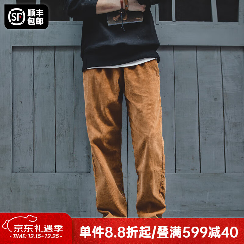 马登工装美式复古垂感灯芯绒长裤子男秋冬新款直筒修身显瘦男士休闲裤 琥珀色 【男裤冬季厚款/男士裤子/美式工装裤/长裤】 L