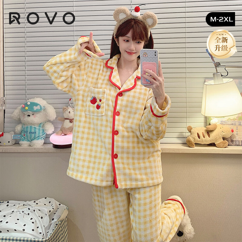 ROVO法兰绒睡衣女秋冬季加绒加厚保暖可外穿家居服套装 格纹小番茄【加厚法兰绒 加倍保暖】 XL