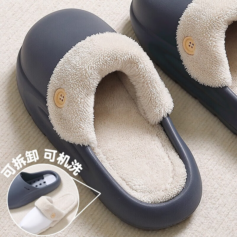FZT可拆卸棉拖鞋男士秋冬季保暖舒适厚底防滑防水可拆洗情侣棉拖鞋女 灰色 36-37