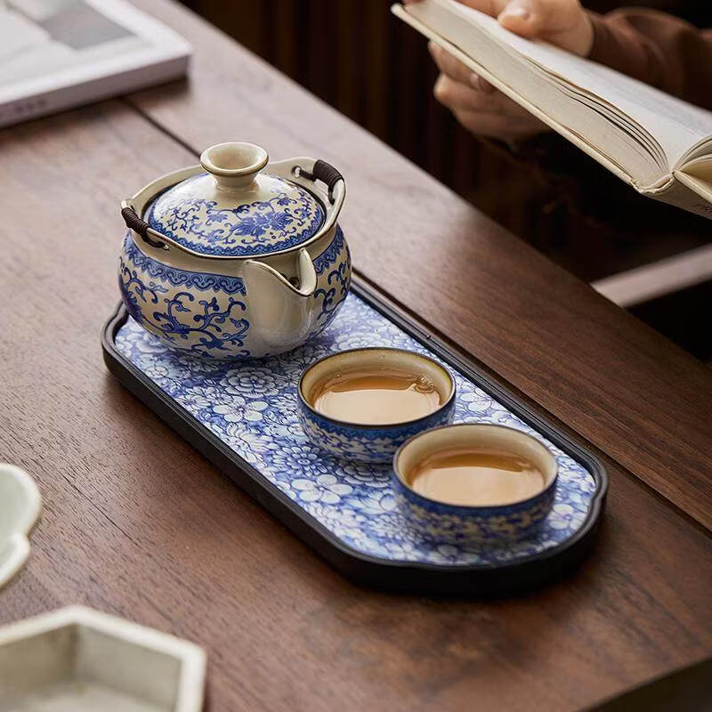 青花汝窑手抓壶盖碗茶杯大号家用防烫泡茶壶功夫茶具 （单壶）缠枝莲汝窑绑绳手抓壶 201mL(含)-300mL(含)