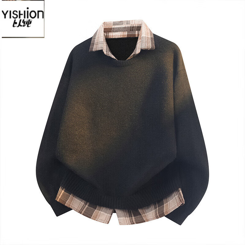 A21以纯假两件衬衫毛衣针织情侣打底衫外套男秋冬新款 以纯-黑色 M