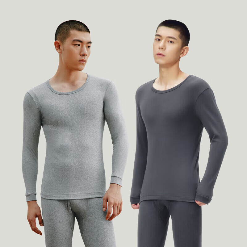 三枪（THREEGUN）[2件]保暖内衣男纯棉套装柔软透罗纹高弹秋衣秋裤秋冬季抗静电 【圆领上衣】浅麻灰+灰 XL