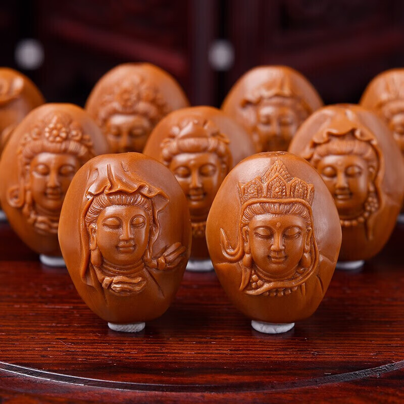 珍百福橄榄核手串 浮雕观音佛珠2.0大籽文玩手串男橄榄核雕老油核曹乐刻 1.9*2.4cm
