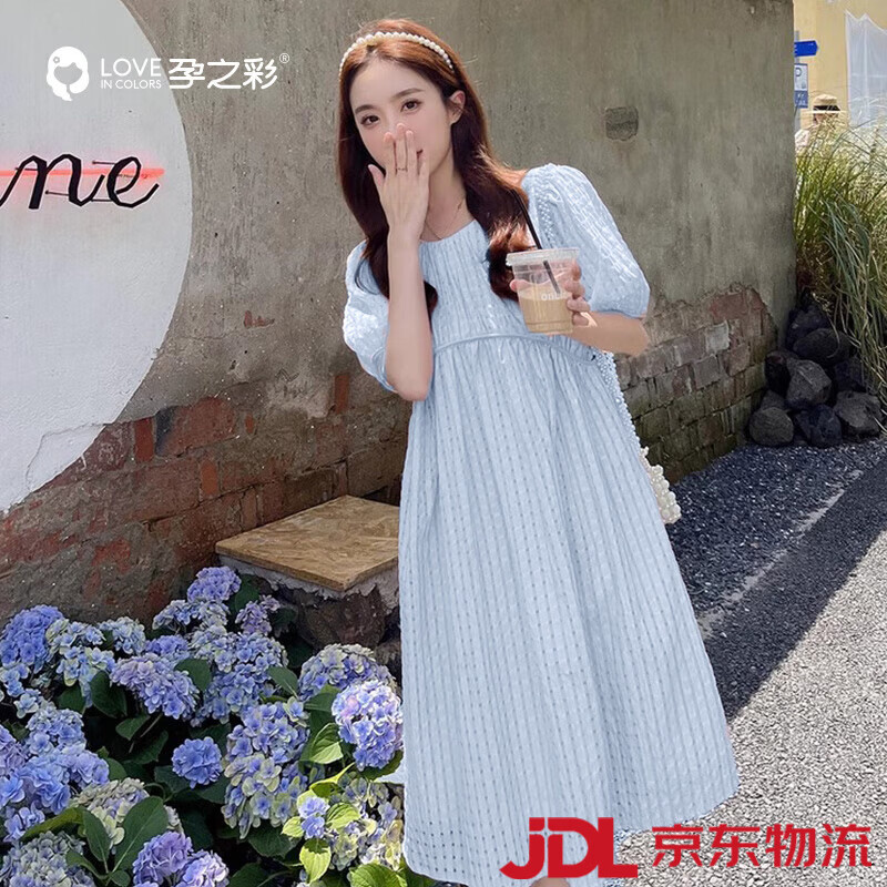 孕之彩孕婦夏季雪紡短袖連衣裙小清新寬松A版可哺乳裙新款 蘭色 M