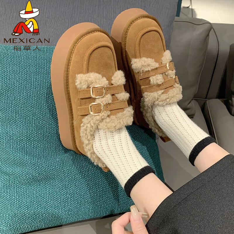 稻草人（MEXICAN）厚底棉鞋女冬外穿2026年新款保暖懒人一脚蹬雪地靴复古加绒勃肯鞋 栗色 35