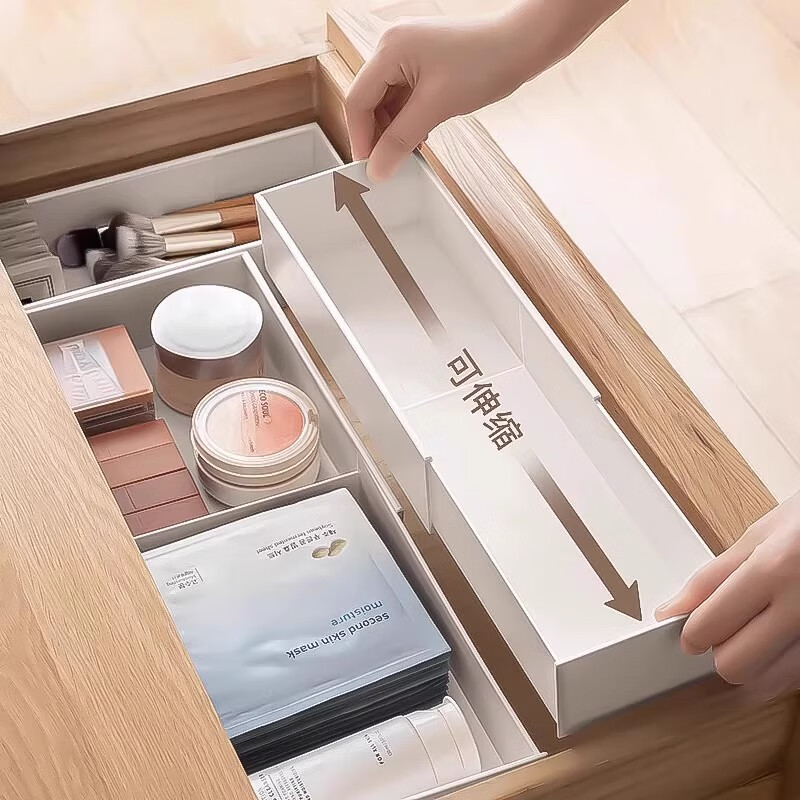 吱凡日本可伸缩收纳盒分隔抽屉式内置整理盒厨房餐具桌面化妆品分格盒 【白色伸缩窄款】1个装【高5.5cm】