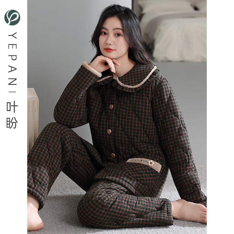 叶盼（yepan）【保暖】梭织纯棉夹棉睡衣女士冬季三层加厚加绒棉袄女家居服套装 68048-黑咖 M (160) ：建议90-110斤穿着