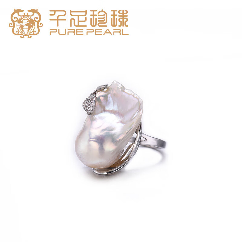 千足珍珠珍珠 染心 淡水珍珠巴洛克合金扣開口戒 白色
