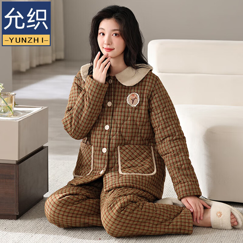 允织睡衣女冬季三层加厚加绒梭织纯棉夹棉袄秋冬款珊瑚绒高级感家居服 68020-浅褐 M (160) ：建议90-110斤穿着