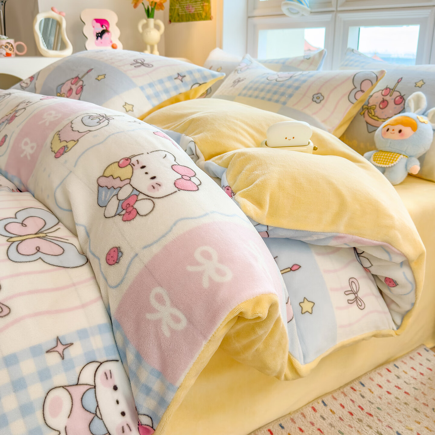 VJE秋冬加厚牛奶绒床上四件套可爱卡通加绒珊瑚绒床单被套三件套床品 甜梦屋-黄 三件套1.2m 床单款 （被套150*200cm）