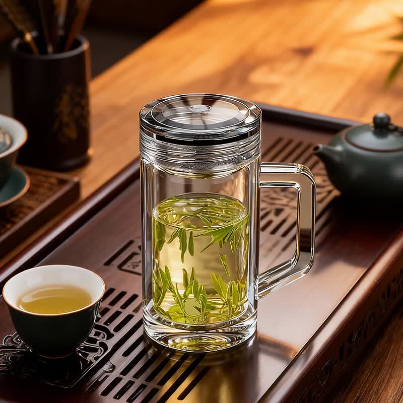 宝菲尼（BOFIN）手柄办公杯带把玻璃杯双层高档商务办公室领导泡茶杯透明便携水杯 方正轻盈【皮质礼盒】360ml
