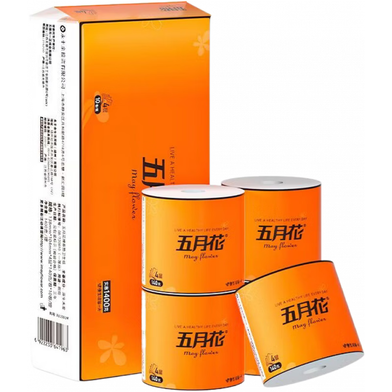 五月花（May Flower）有芯卷紙140/卷4層加厚家用衛(wèi)生卷筒紙廁紙衛(wèi)生間紙巾手紙 4層 140g/卷*10卷 【有芯卷紙】