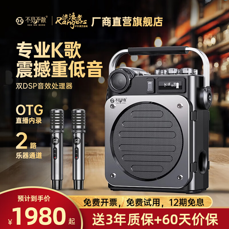 不见不散流浪者D6户外K歌音响客厅环绕声重低音炮手提便携式麦克风一体家庭KTV广场舞蓝牙音箱高音质大音量 【D6黑色-双麦版】无线直播与内录+U盘