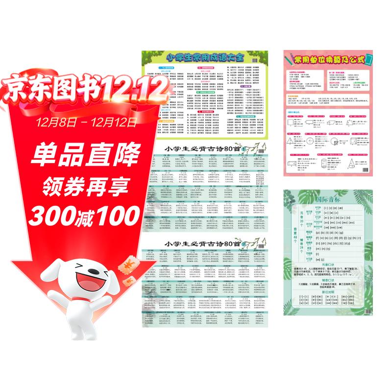 小学生必背古诗80首12+小学生常用成语大全+国际音标+常用单位换算及公式全5张儿童科普百科知识挂图