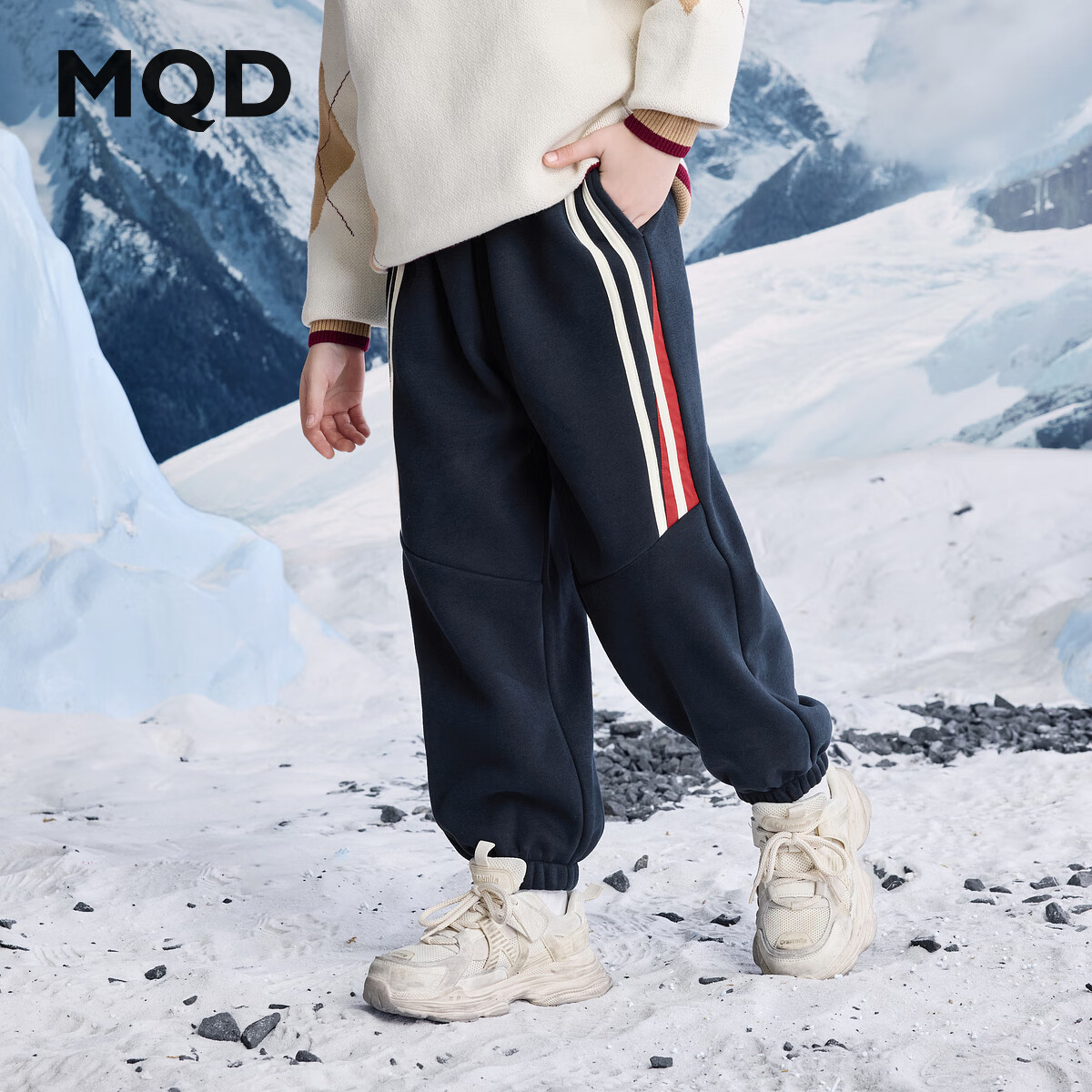 马骑顿MQD冬季新品男大童学院风潮酷休闲运动加绒卫裤针织裤 藏青 160