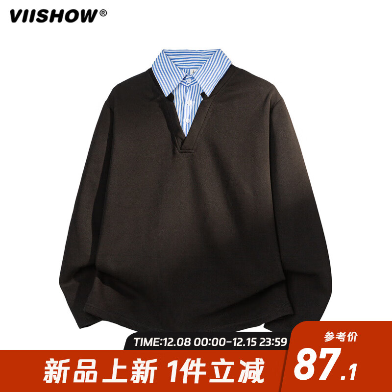 viishow設(shè)計(jì)感復(fù)古假兩件拼接翻領(lǐng)衛(wèi)衣男秋季潮牌寬松情侶休閑套頭上衣 黑色 2XL