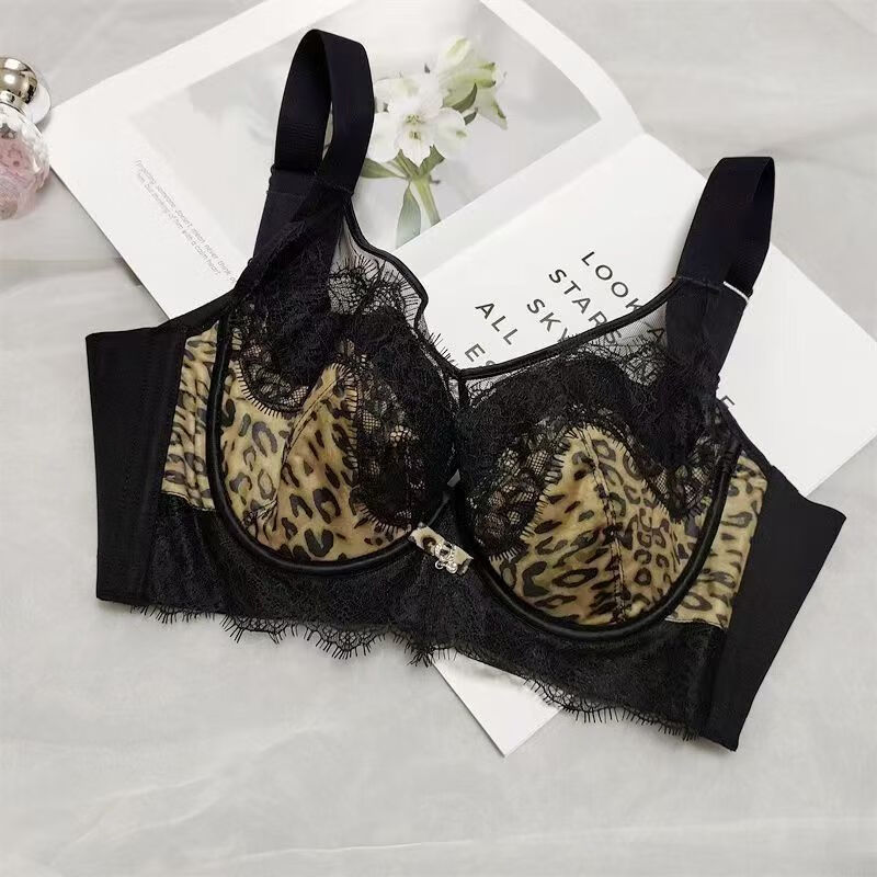 黛思侬（Daisinong）性感豹纹软钢圈调整型聚拢大码内衣超薄透气收副乳防下蕾丝文胸 黑色+豹纹 100C 44/100C