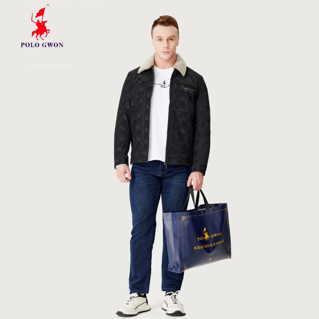 POLOGWON保罗皮羽绒服男士翻领外套男冬季经典保暖休闲皮衣羽绒外套 黑色 3XL (190) 建议180—200斤