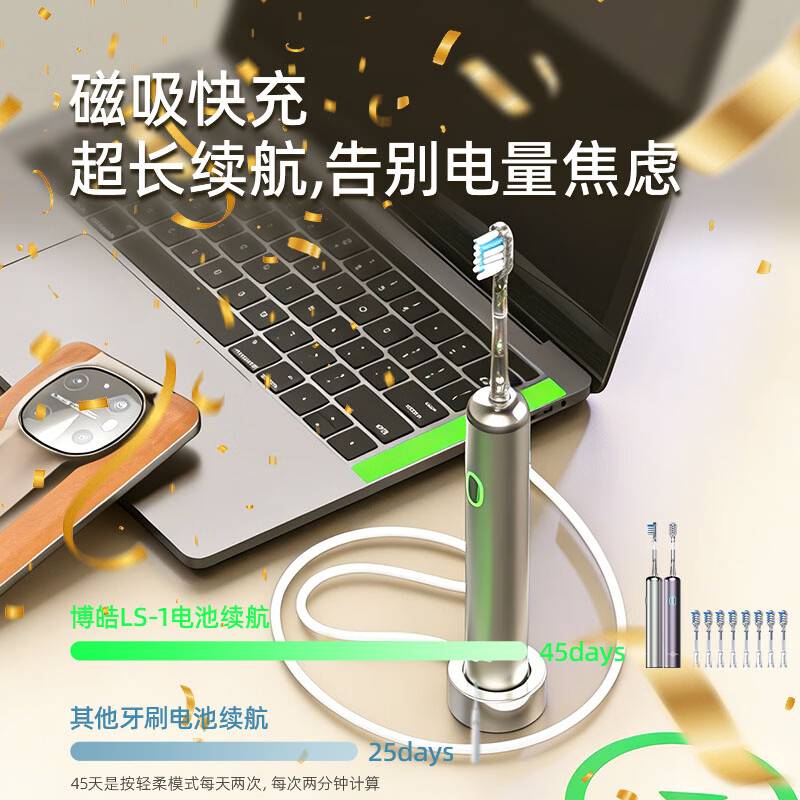 博皓（prooral）电动牙刷成人男士女士扫震全自动智能牙刷磁吸充电铝合金情侣牙刷 送朋友父母生日情人节礼物 LS-1 银色+紫色+8支刷头