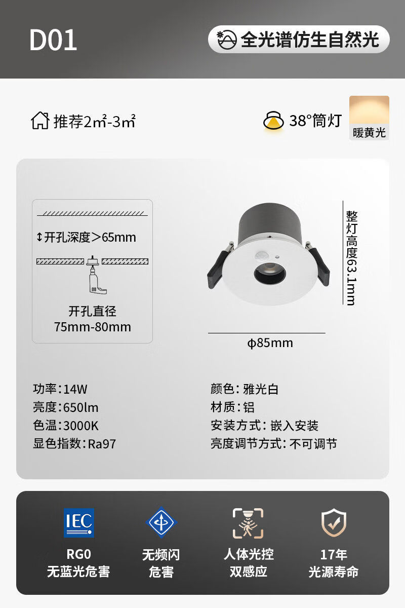 Paulmann PPaulmann德国柏曼人体感应筒灯led嵌入式家用护眼射灯入户玄关 感应筒灯14W暖黄光紫光护眼
