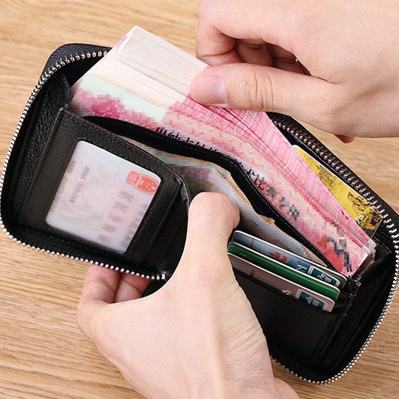 WILLIAMPOLO英皇保罗竖短款钱包拉链男士小巧加厚经典头层牛皮10卡位皮夹钱夹 黑色配专柜礼盒 防盗刷版（可装驾照）