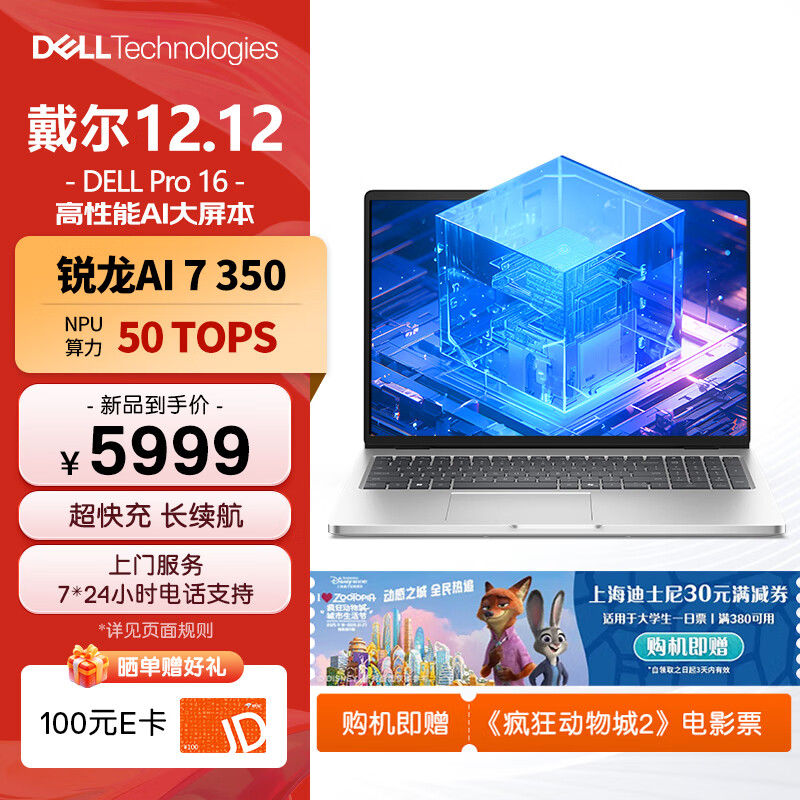 戴尔（DELL）国家补贴Dell Pro 16 锐龙AI笔记本电脑 16英寸大屏高性能 办公学习轻薄本(AMD AI 7-350 32G 1T)