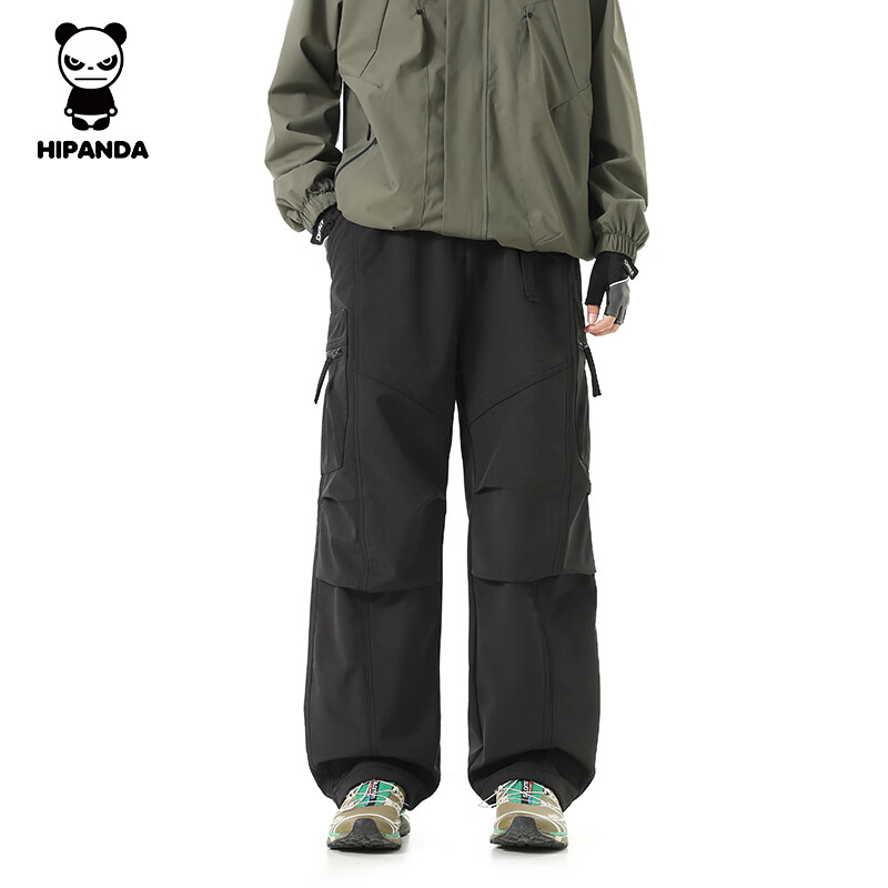 HIPANDA你好熊猫户外休闲裤男2025秋冬加绒男女【防泼水】冲锋休闲裤男 曜石黑-加绒 S
