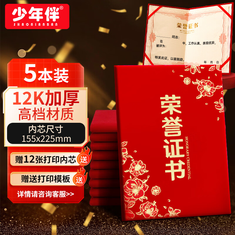少年伴荣誉证书高档外壳6k/8k/12k绒面烫金年会礼品空白奖状纸培训表彰可打印竖款5本赠12张内芯5203