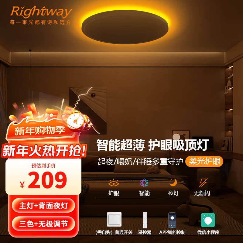 RIGHTWAY卧室灯led吸顶灯儿童房间灯卧室灯具主卧灯护眼智能带遥控2025款 主灯+背面夜灯-30cm(10㎡以下) 10-20㎡ 京东折扣/优惠券