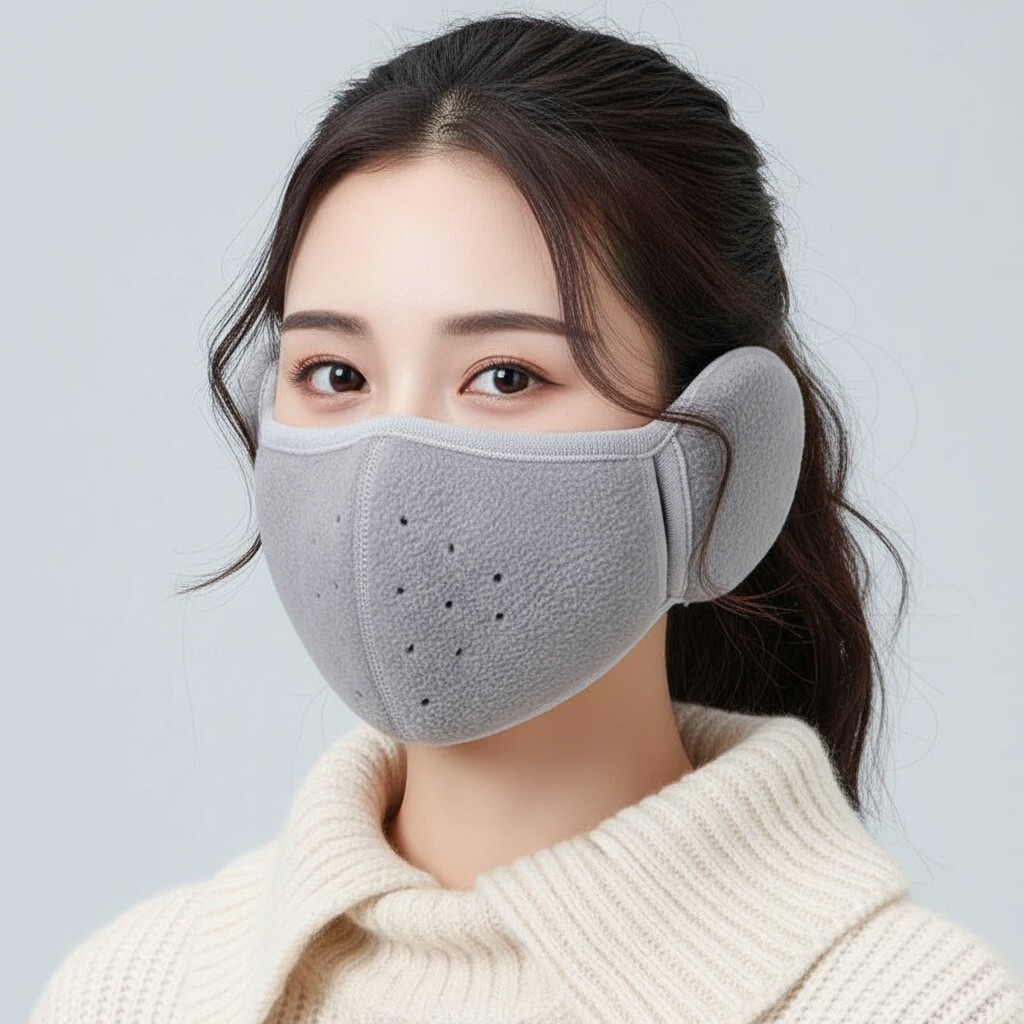 洋臣2026年新款冬季保暖耳朵防冻耳罩男女骑行防风全脸防寒加厚挡风 加长护耳-保暖口罩2个装【粉+灰色】
