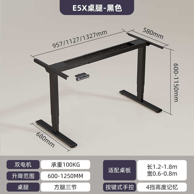 乐歌（Loctek）智能电动升降桌双电机升降桌腿办公桌电脑桌学习桌升降桌架 E5X黑色桌腿