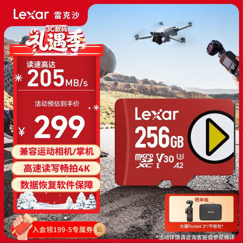 雷克沙（Lexar）256GB TF(MicroSD)存储卡 U3 V30 A2 读205MB/s 无人机运动相机监控拍4K switch掌机内存卡(PLAY)	