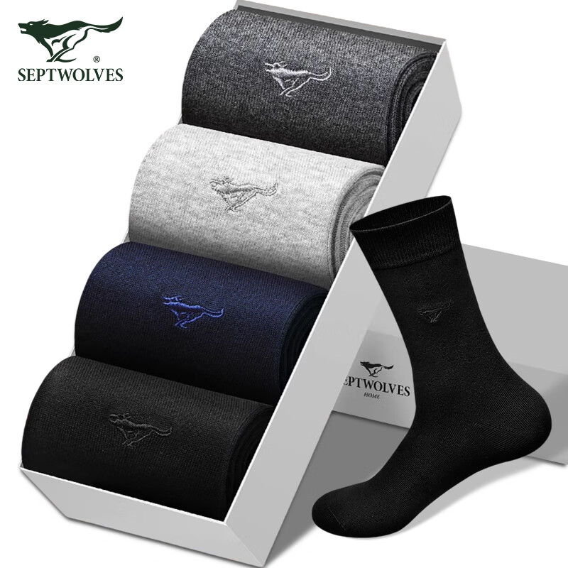 七匹狼袜子男纯棉秋冬季休闲长袜吸汗透气商务袜时尚运动风棉袜 纯棉偏厚款高筒袜 4双