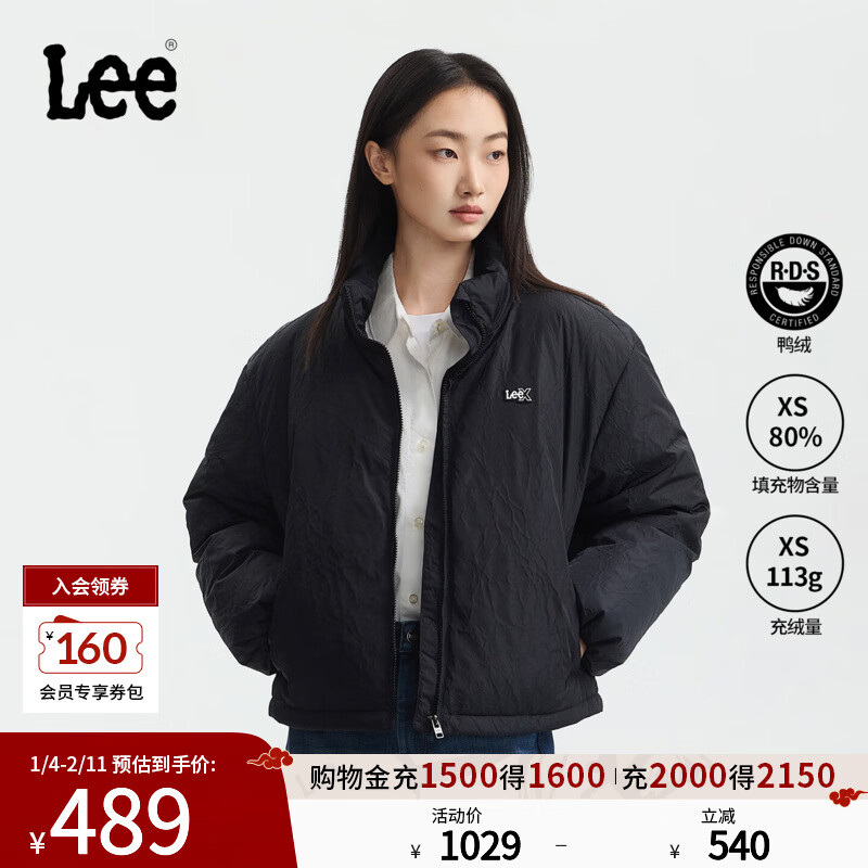 Lee25秋冬新品舒适版立领裂纹图案小Logo徽标黑色女羽绒服休闲潮 黑色 XS