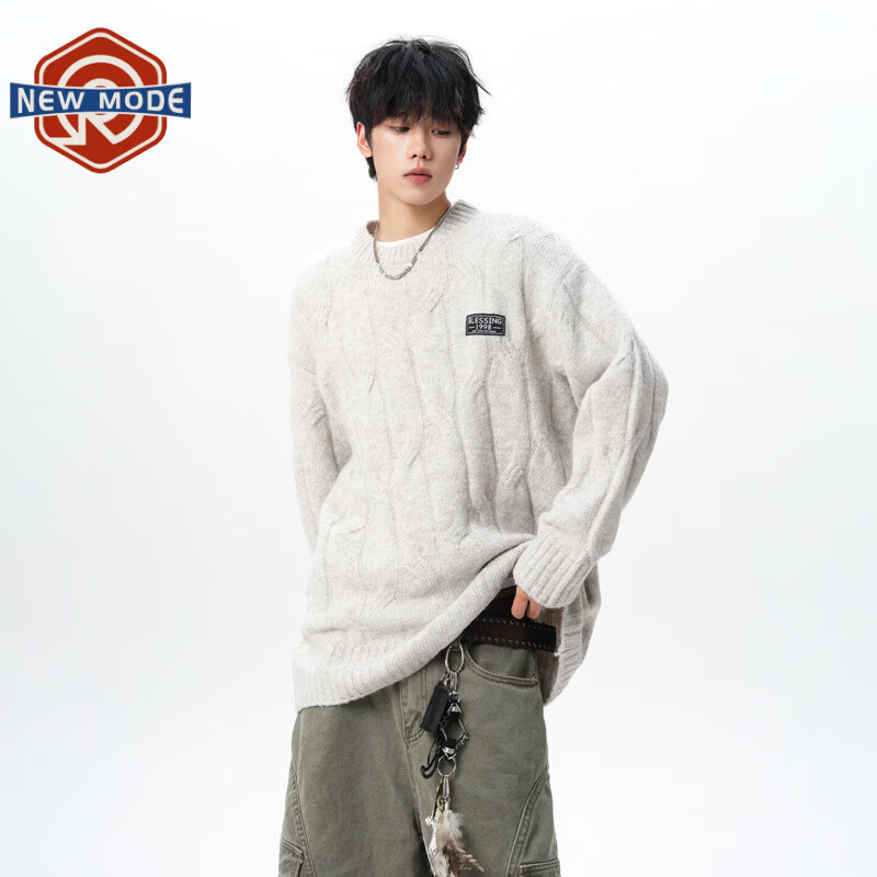 NEW OR MODE复古慵懒风麻花毛衣男女冬季新款加绒保暖宽松情侣休闲羊毛打底衫 米色 M 【建议90-110斤】