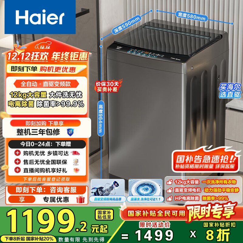 海尔（Haier）波轮洗衣机全自动12KG大容量京东自营家电国家补贴以旧换新直驱变频一级能效出租房EB120B53Mate1