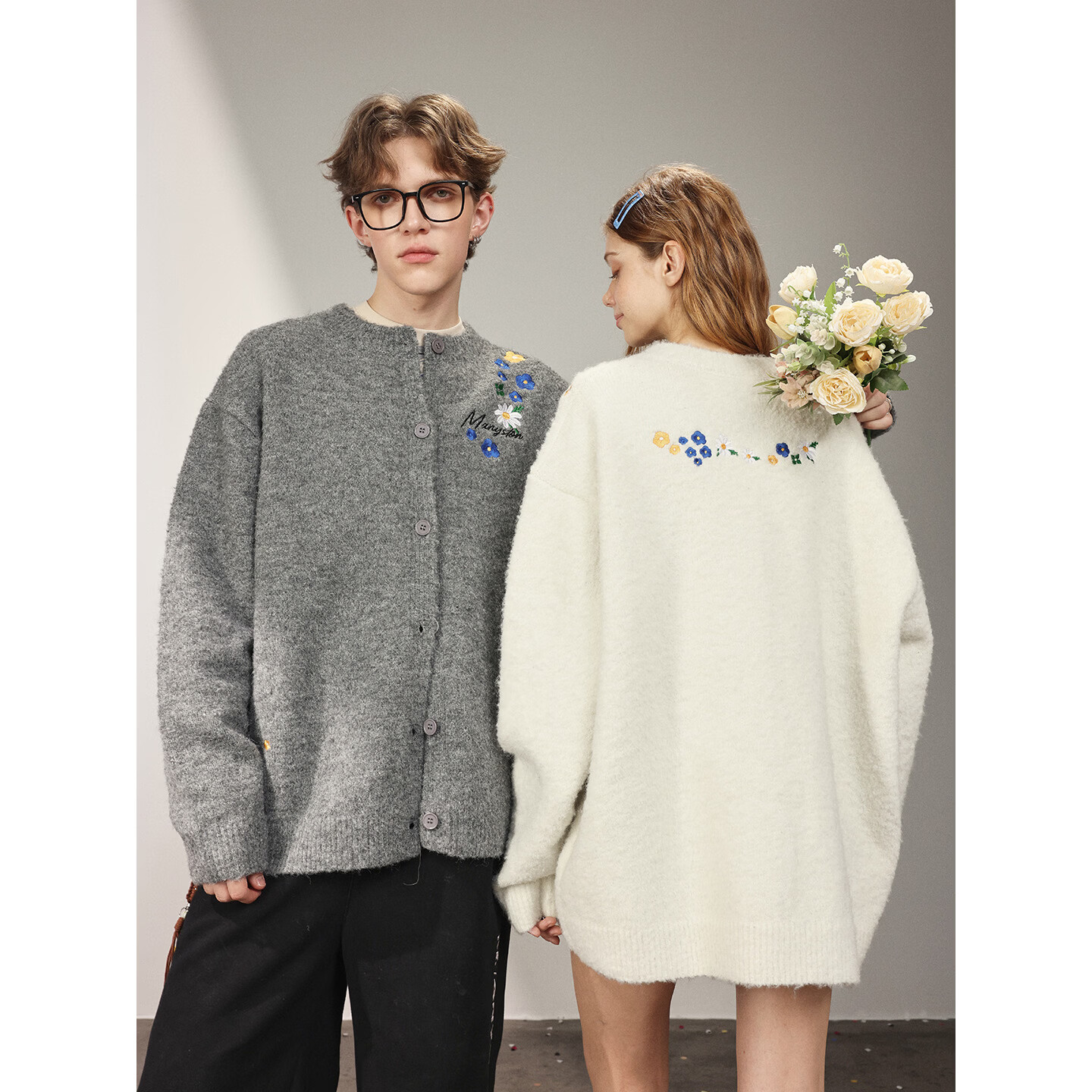 MANYSTON美式针织开衫毛衣男款春秋季潮牌宽松情侣装休闲长袖外套 杏色 S