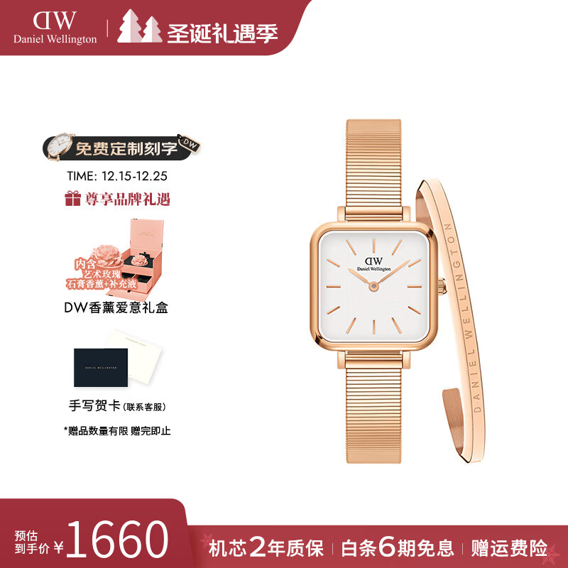 丹尼尔惠灵顿（DanielWellington）dw手表 女士手表摩登复古小方表石英欧美腕表 七夕礼物送女友 玫瑰金白盘