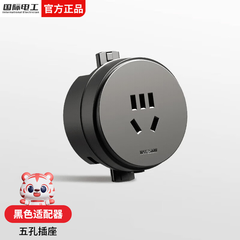 国际电工镂空轨道插座带开关移动轨道插排极简家用厨房餐边柜过载保护插板 黑色-单个五孔适配器