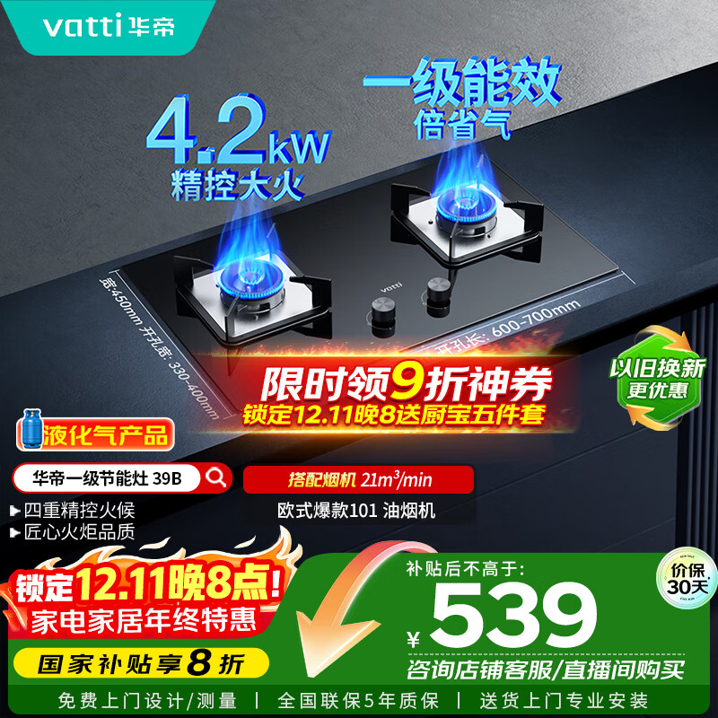 华帝（VATTI）【液化气商品】国家补贴20%燃气灶液化气家用台式嵌入式两用4.2kW大火力煤气灶双灶台灶具i10039
