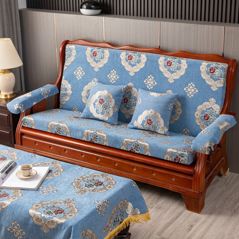 实木老式红木沙发垫带靠背连体加厚四季防滑春秋椅高密度海绵坐垫 吉祥如意灰 扶手6片