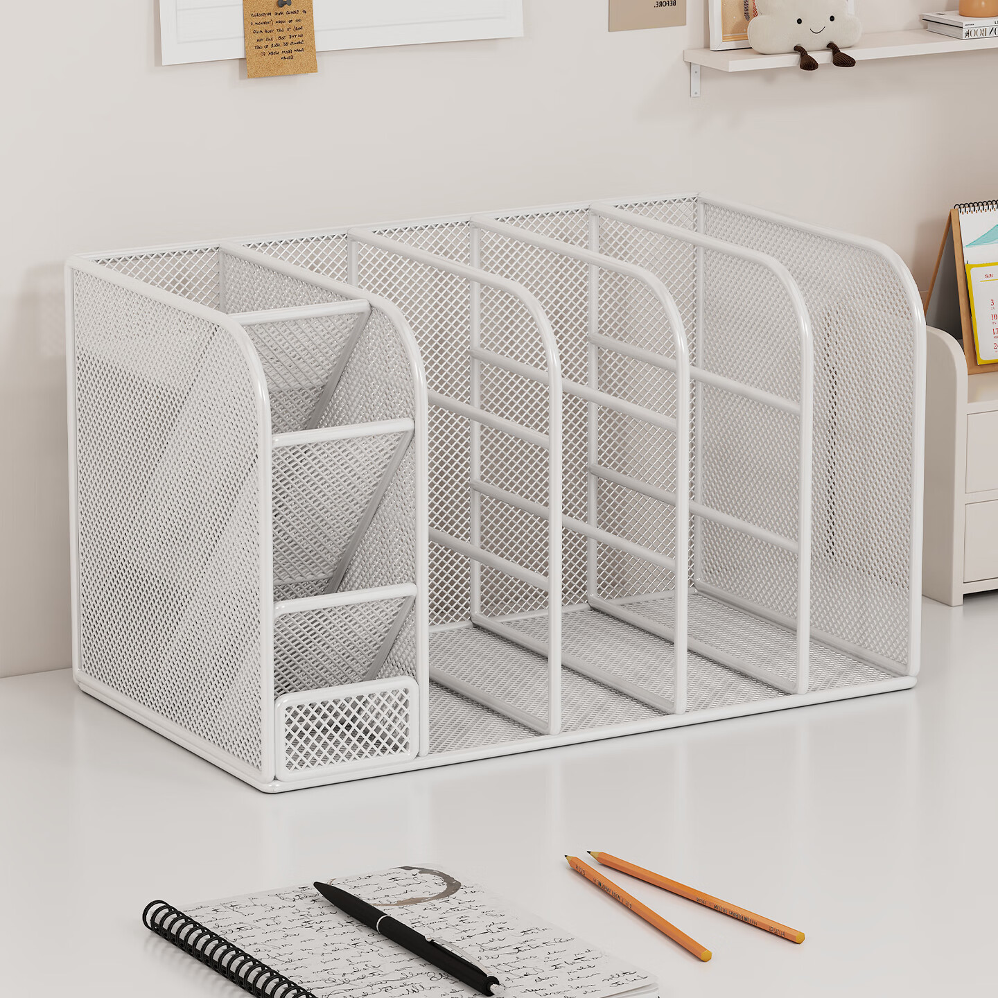 馨婺家书架办公工位文件收纳盒学生宿舍桌面置物架子书桌文具笔筒书立架 白色-三联【密网款】