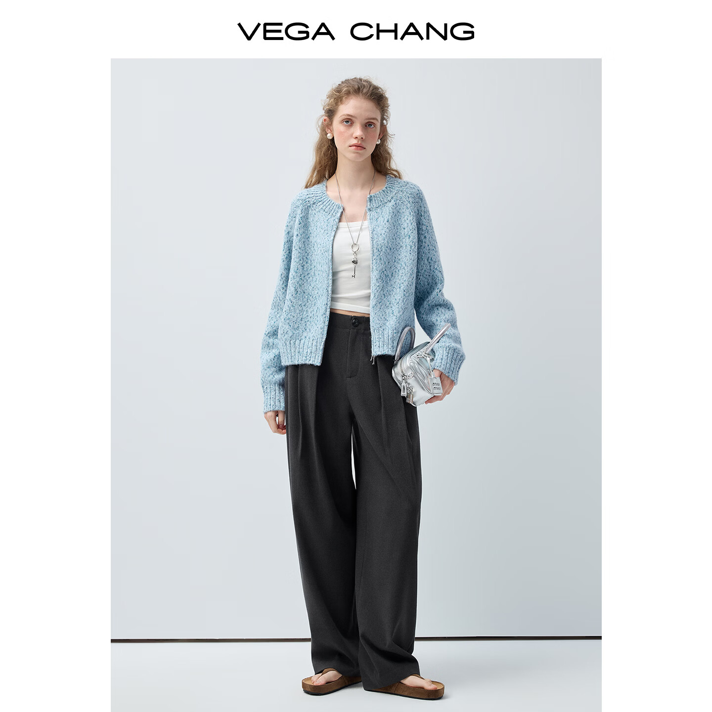 VEGA CHANG【青绒雾织】圆领浅蓝斑驳针织开衫女2026新款春季毛衣 浅水蓝 常规 S