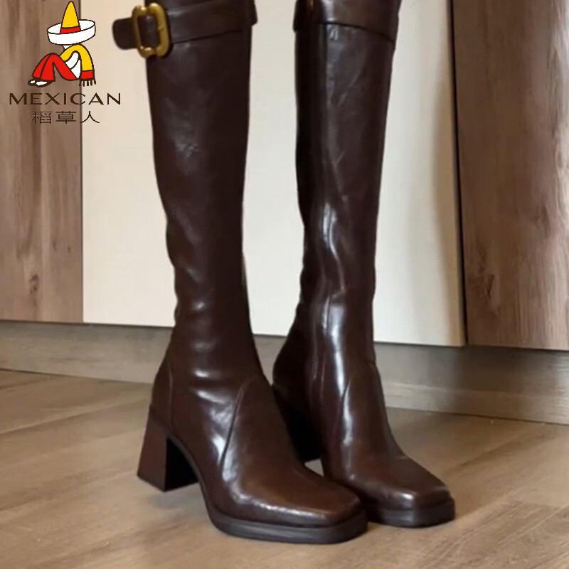 稻草人（MEXICAN）牛皮版真皮金属扣厚底不过膝长靴粗跟长筒靴女高筒瘦瘦靴骑士靴 棕色 35