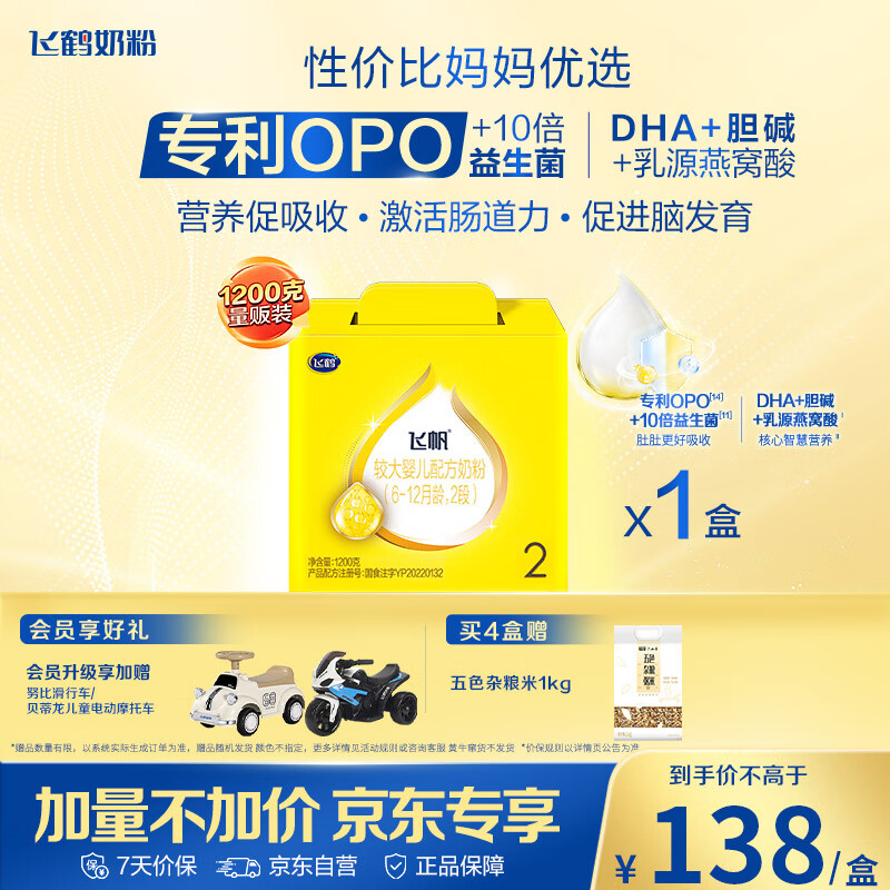 飞鹤飞帆OPO促吸收婴儿配方奶粉2段(6-12月龄)1200克 DHA好脑力奶粉