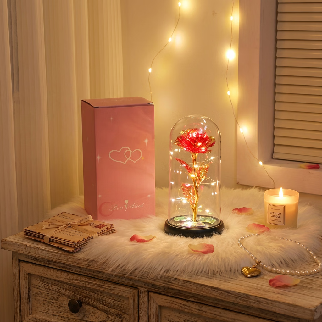 匠心绽放仿真玫瑰花 红色金箔玫瑰生日礼物小夜灯装饰套装配礼袋