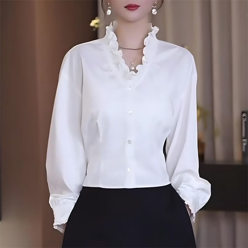 白色边V领长袖衬衫女2025秋季新款轻奢感减龄洋气上衣-www 白色 L 【建议100-118斤】