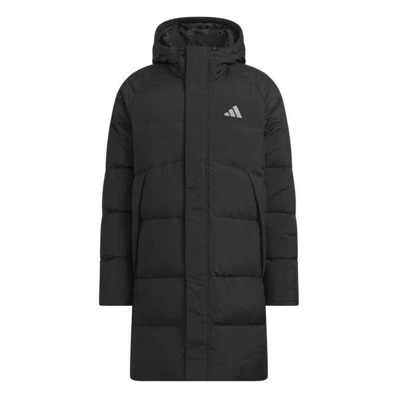 adidas 拒水暖「芯」科技长款保暖鸭绒连帽羽绒服男女阿迪达斯   黑色   2XL