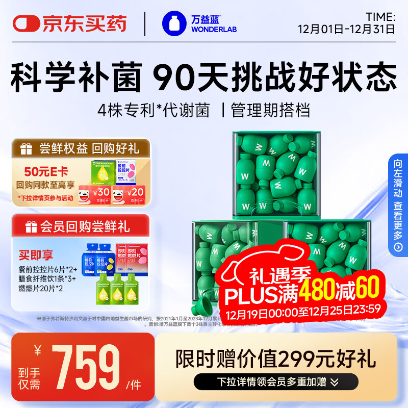 万益蓝WonderLab S100益生菌 益生菌成人 提代益生菌燃粉脂谢30瓶*3盒